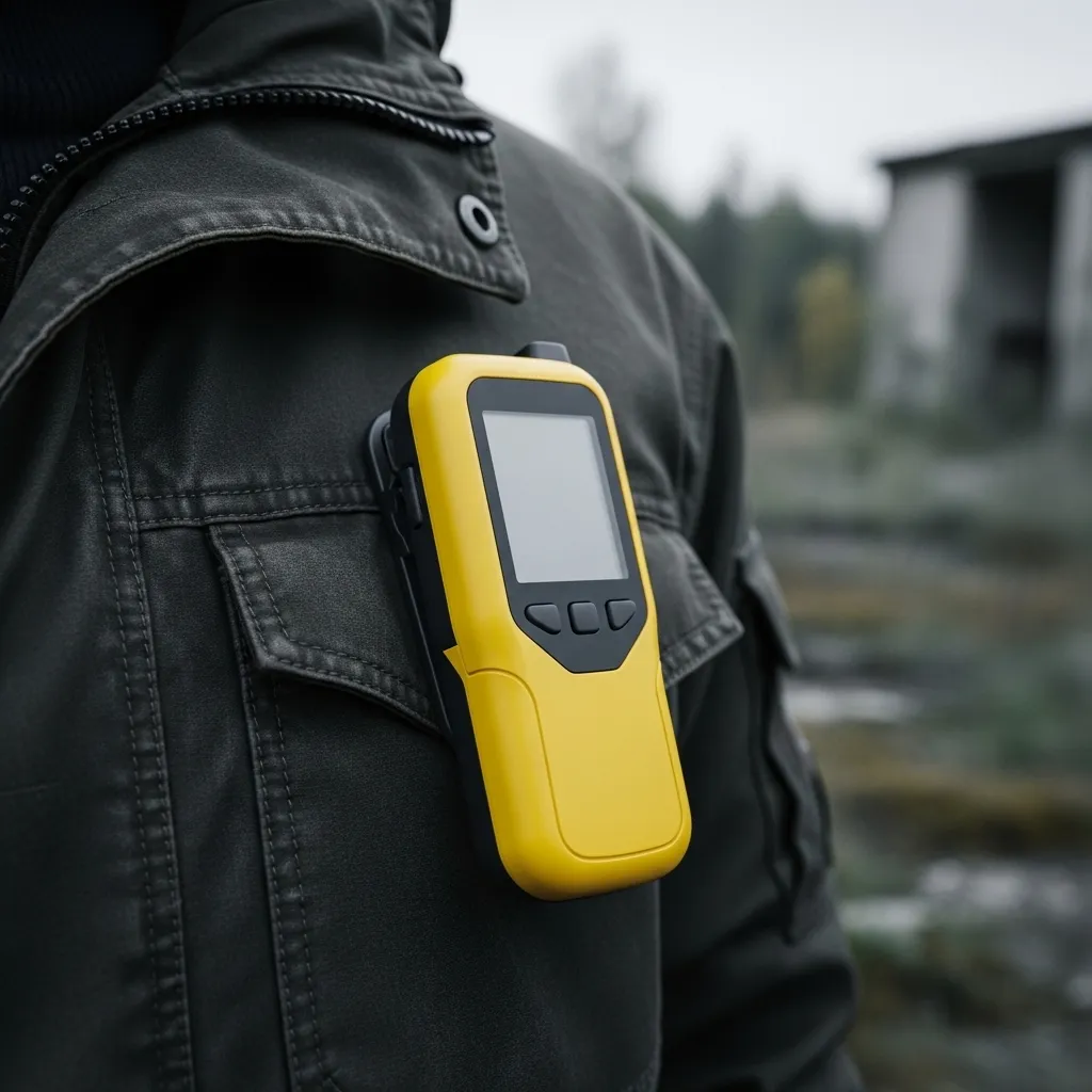 Close-up of a yellow radiation dosimeter attached to a person's jacket. The device is the main focus, with an indistinct outdoor area behind it.