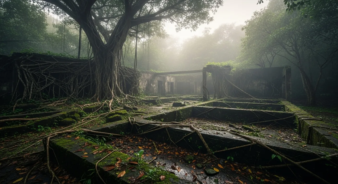 Crumbling concrete foundations of a building in a dense jungle, overgrown with vines and roots under a misty, overcast sky.
