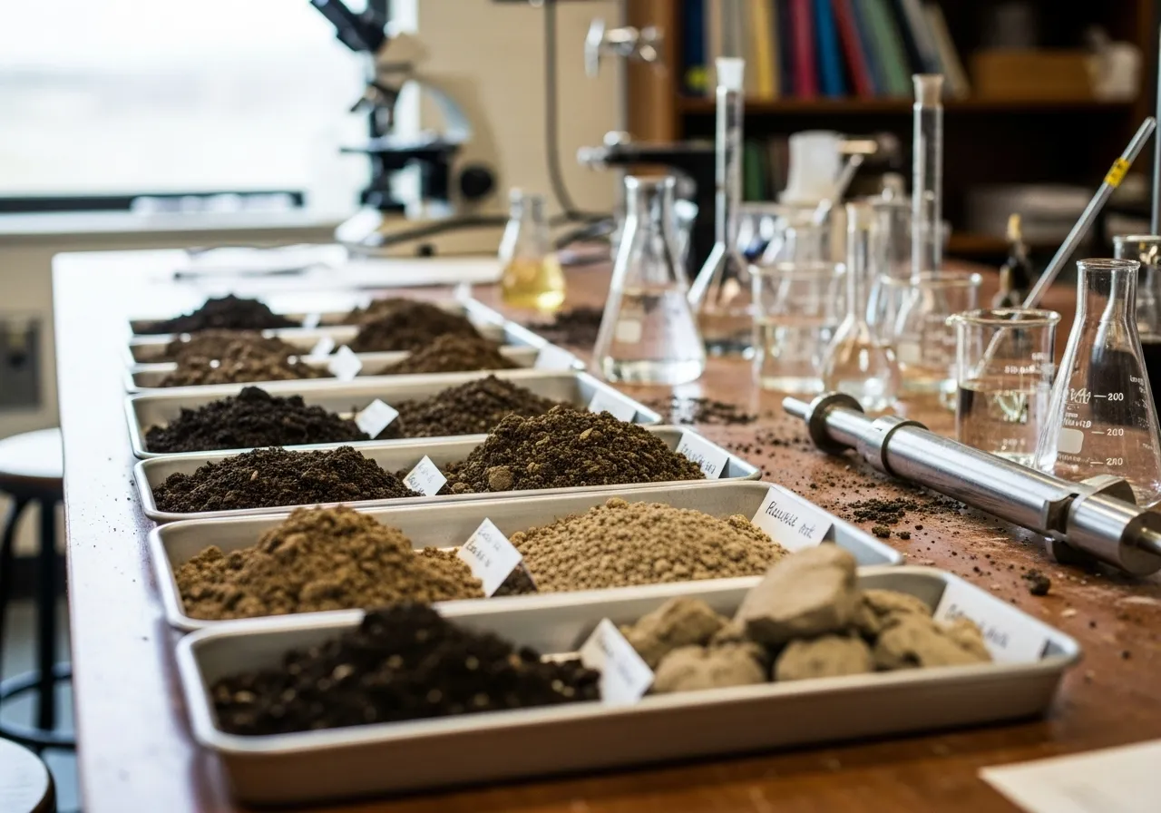 A close-up of a laboratory bench with trays of soil samples, beakers, and scientific instruments for environmental analysis.