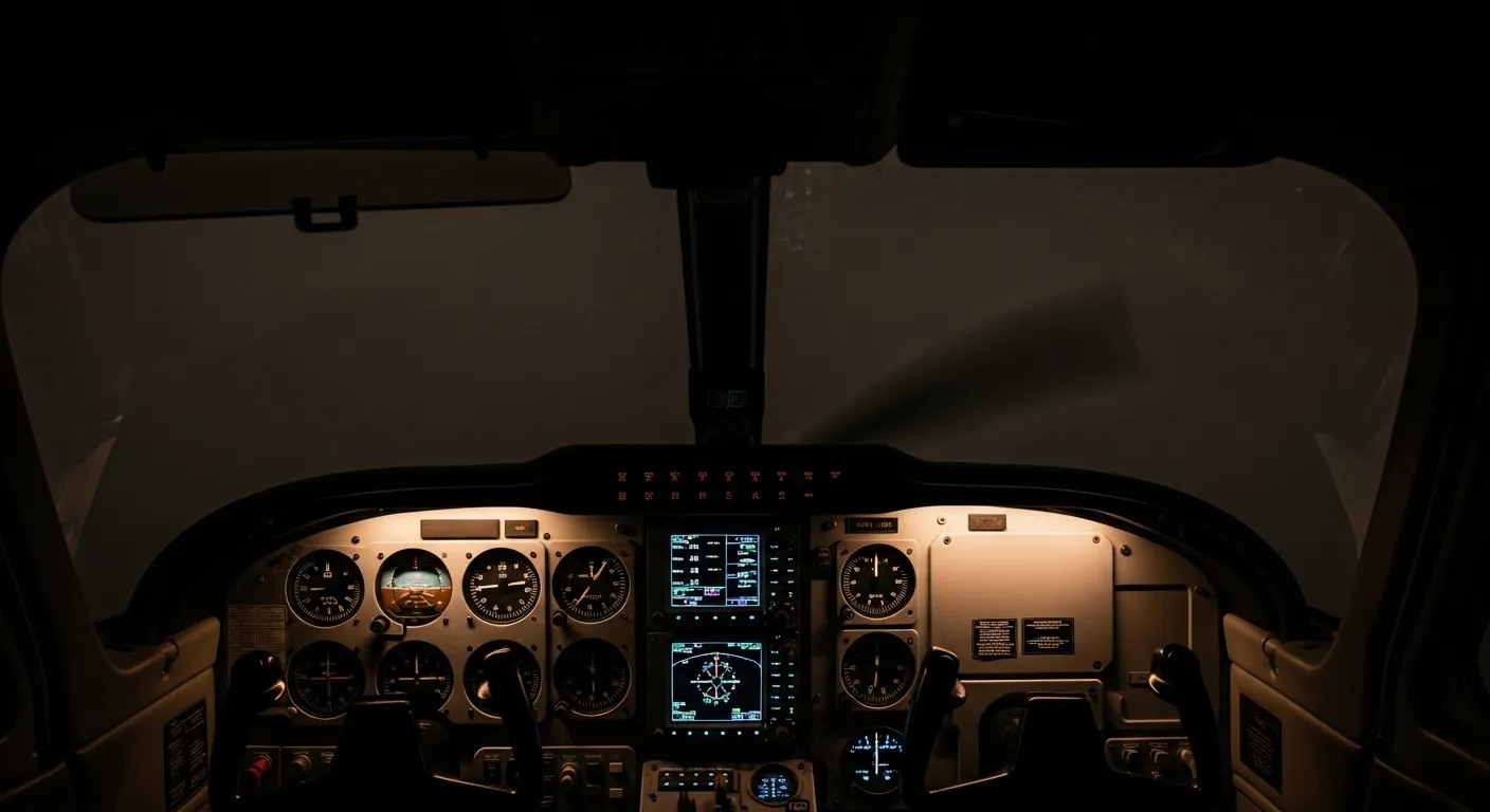 A view from inside a dark cockpit, with glowing but unreadable instruments and a windscreen showing only thick haze at night.
