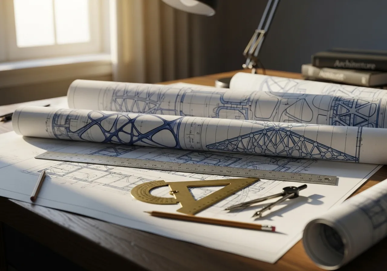 Architectural blueprints on a drafting table with various measuring tools like a ruler and protractor resting on top.