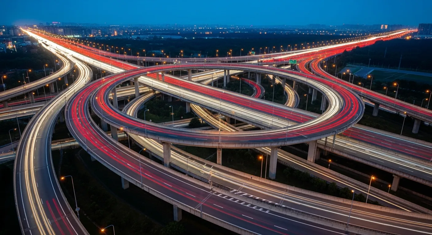 An aerial view of a highway interchange at dusk, with traffic shown as flowing streaks of red and white light creating abstract patterns.