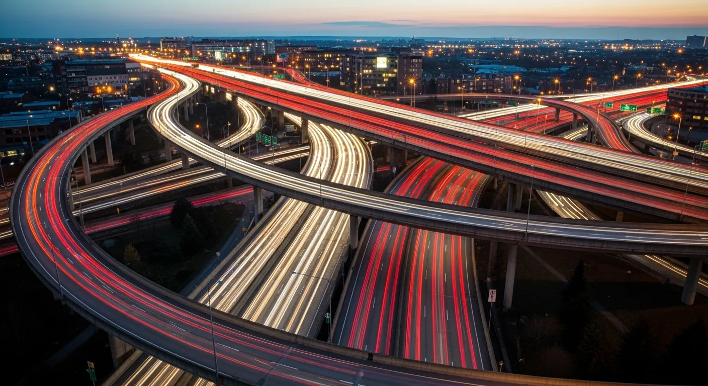 A wide, elevated view of a busy highway interchange at night, with car lights creating long, flowing streaks of red and white along the curving roads.
