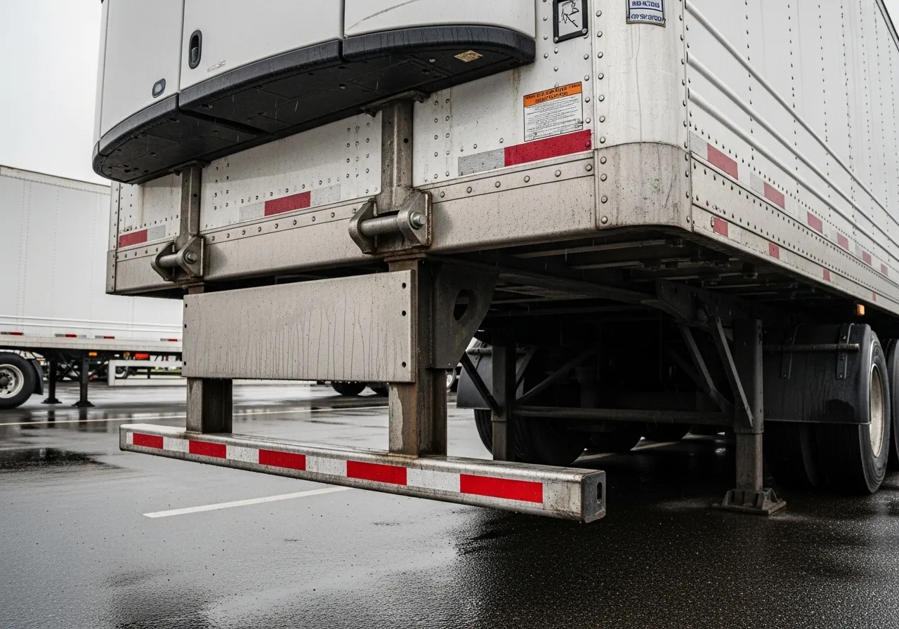 The back of a semi-trailer, focusing on the steel underride safety guard designed to prevent cars from sliding underneath.