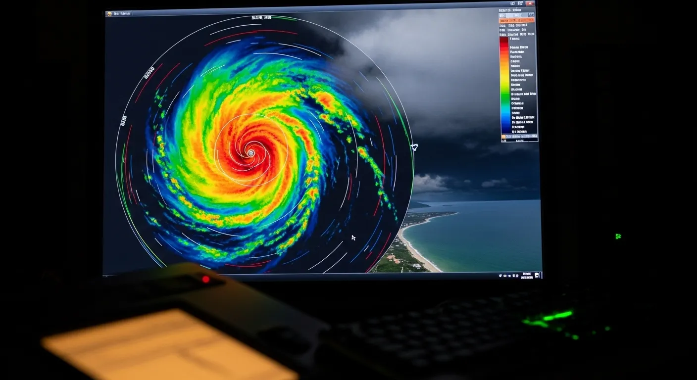 A weather radar screen showing a large, colorful thunderstorm system over a coastal map. The surrounding room is dark.