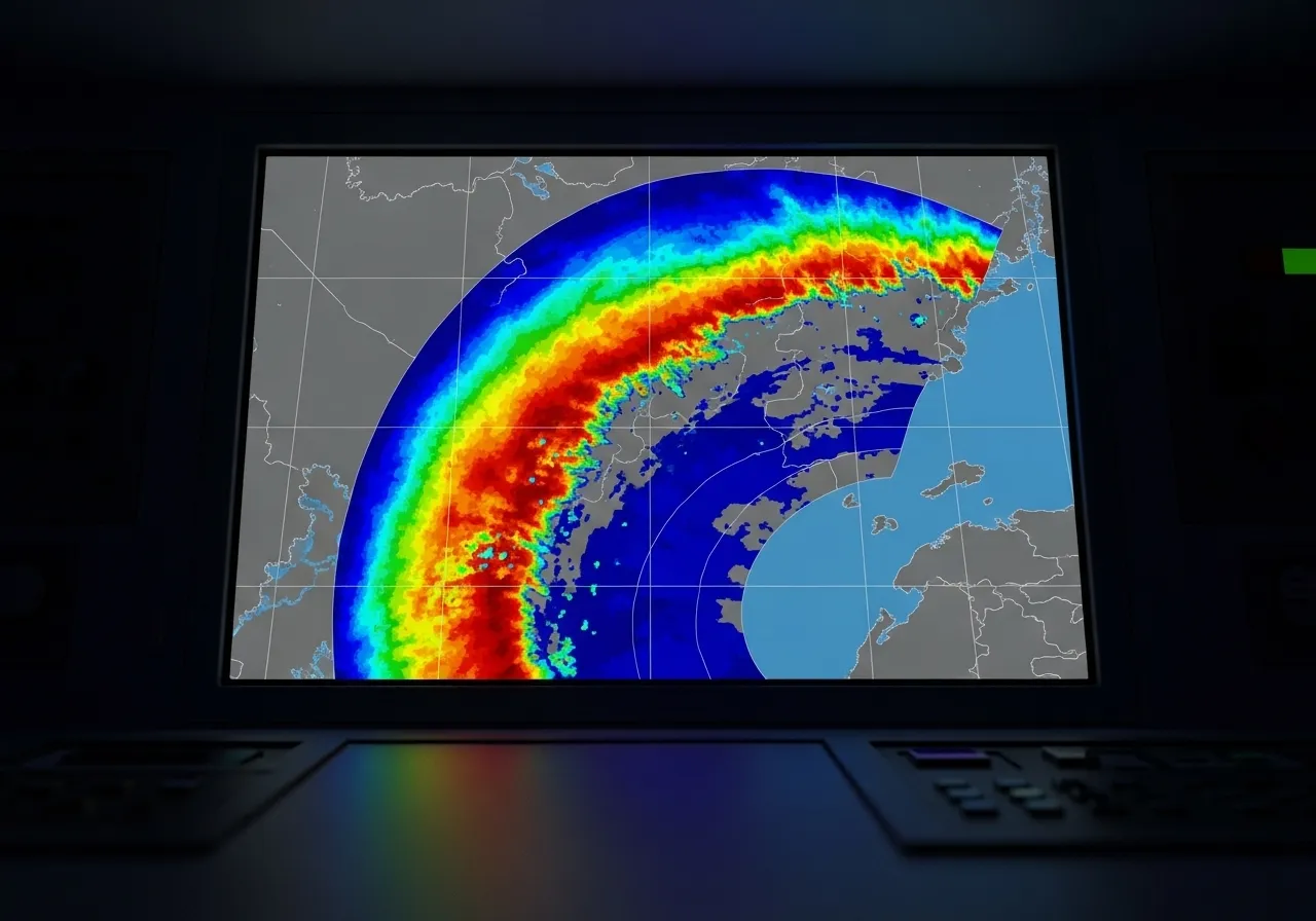Close-up of a weather radar display showing a large storm system. The map and interface are unidentifiable.