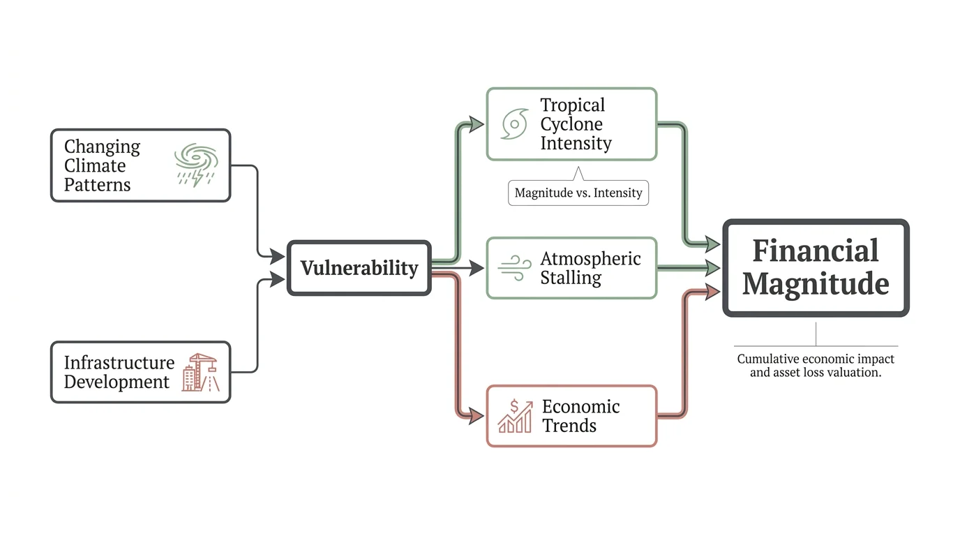 A clean flowchart showing how climate patterns and infrastructure development lead to increased financial disaster magnitude.