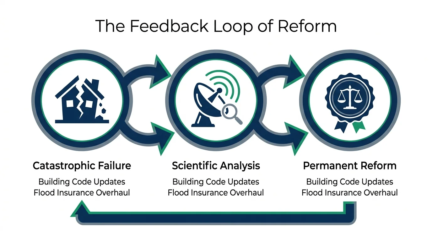 A horizontal flowchart showing the process from disaster failure to scientific analysis and policy reform.