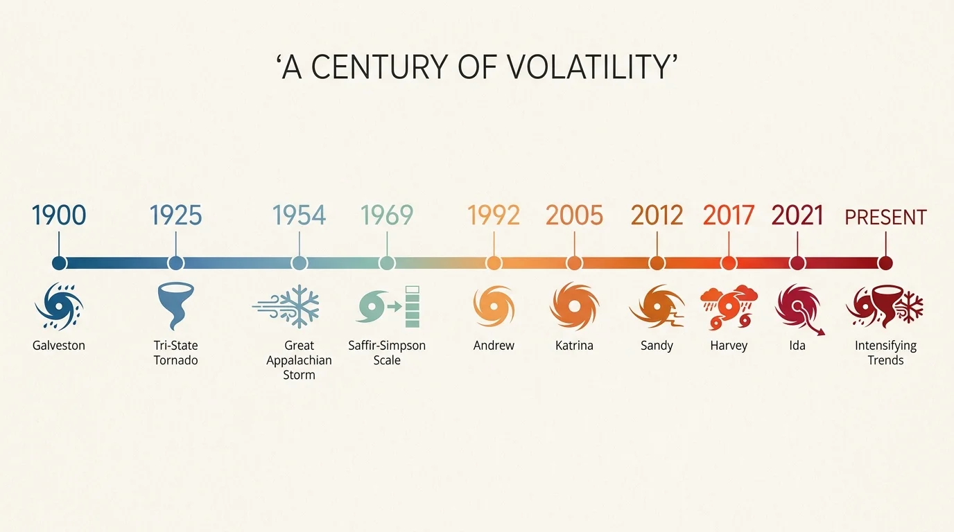 A horizontal timeline infographic showing major American storms from 1900 to the present day.