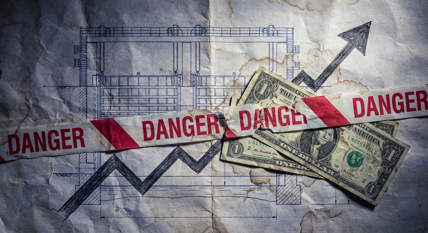 A mixed media artwork combining blueprints, water-stained dollar bills, and a rising economic graph.