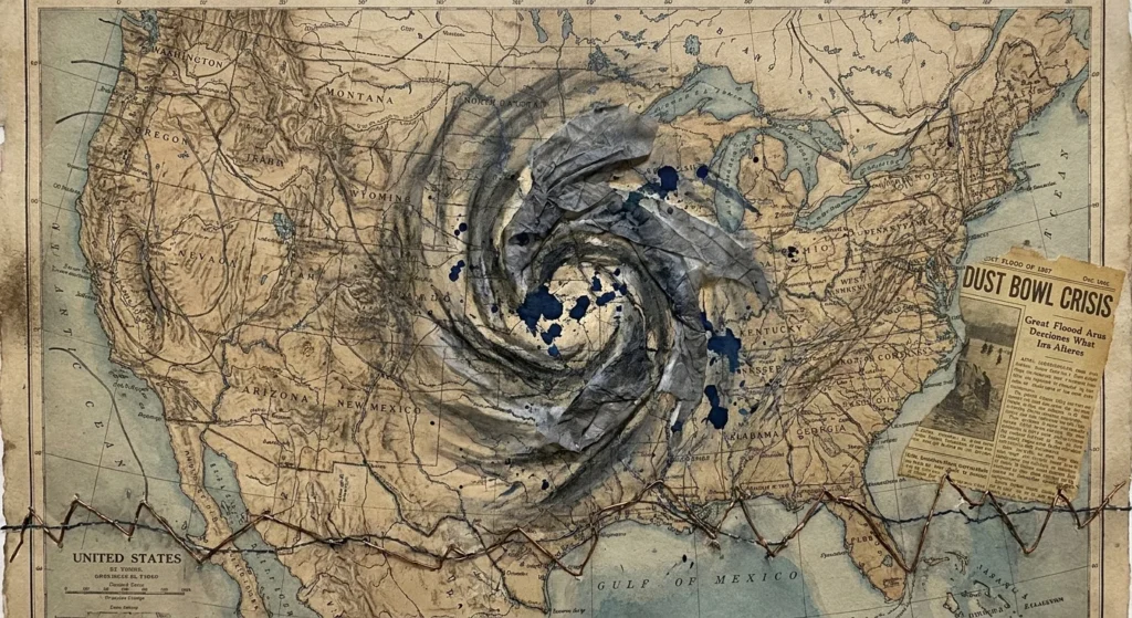 A mixed media collage featuring a vintage US map, charcoal storm swirls, and old newspaper fragments representing historical storms.