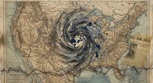 A mixed media collage featuring a vintage US map, charcoal storm swirls, and old newspaper fragments representing historical storms.