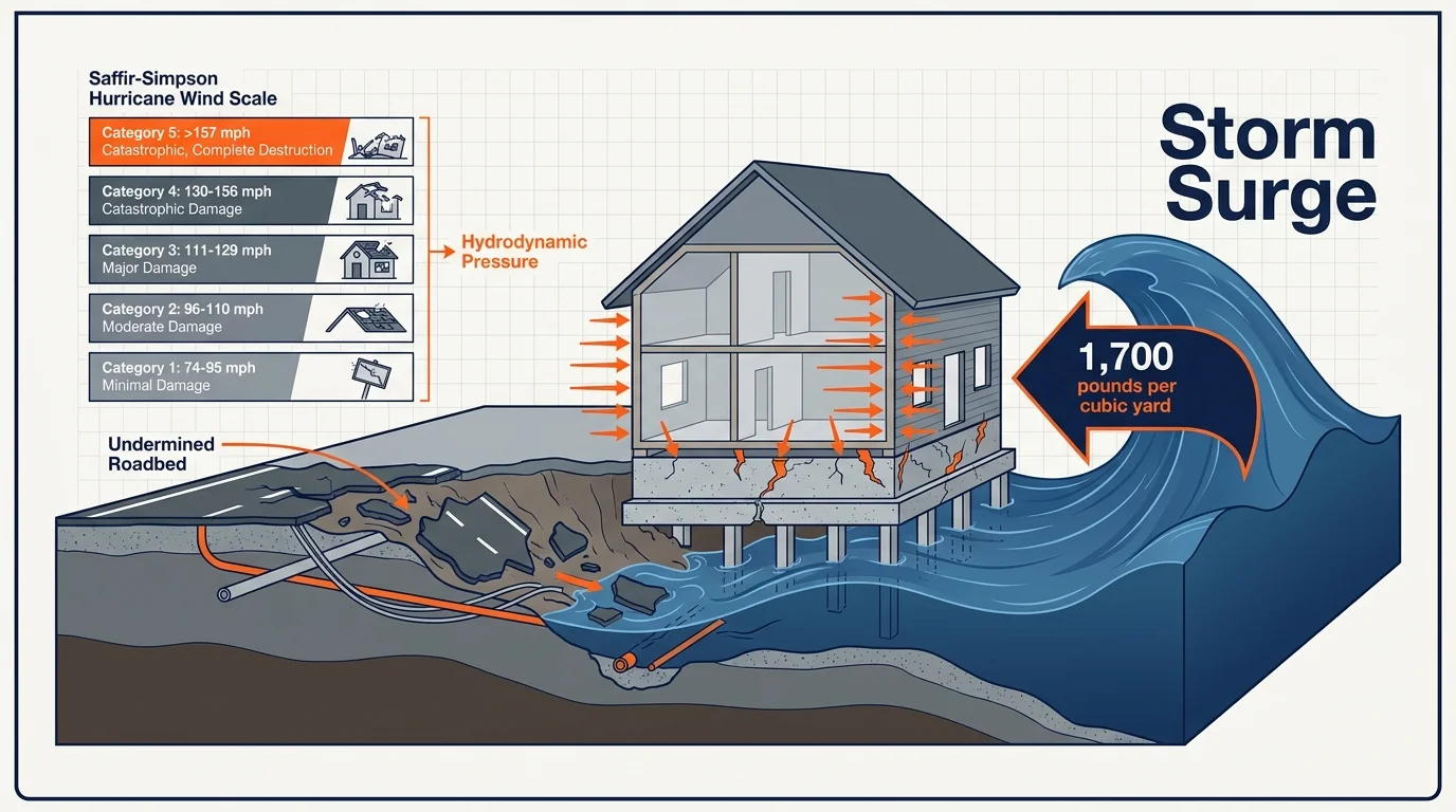 A scientific diagram showing a cross-section of a house being hit by a storm surge, with labels for water weight and pressure.