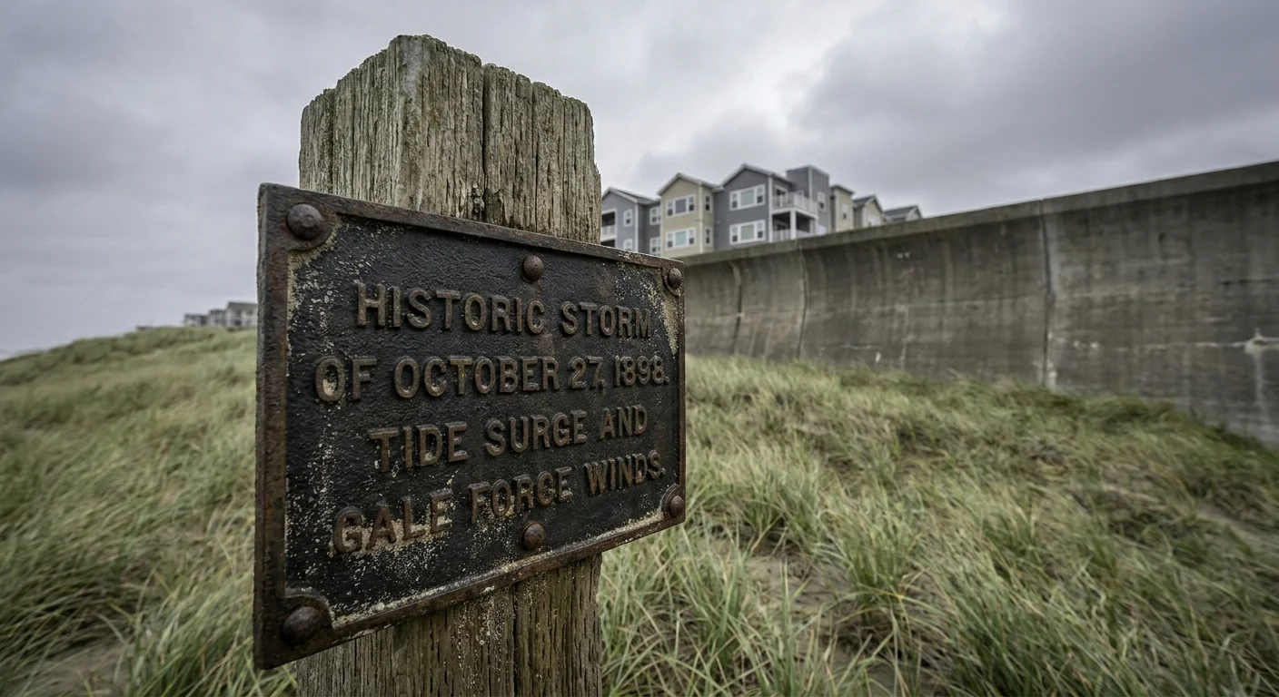 A weathered historical marker sign in front of a modern concrete sea wall under a cloudy sky.