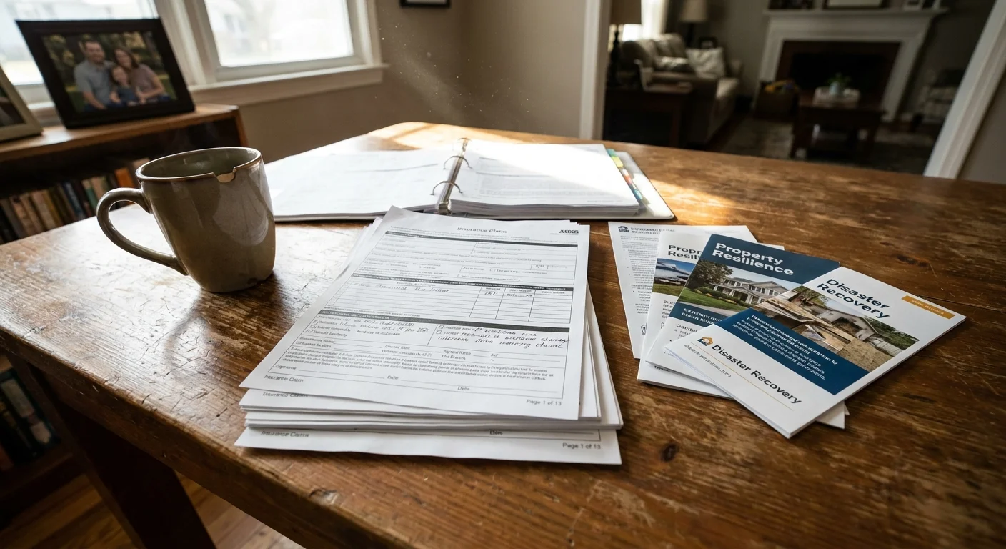 Close-up of insurance paperwork and resilience guides on a wooden kitchen table, in a natural home setting.