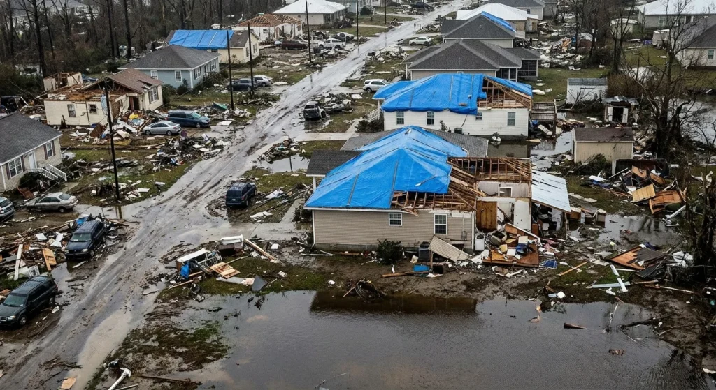 High-angle aerial view of a coastal neighborhood with significant hurricane damage, blue roof tarps, and debris-filled streets.