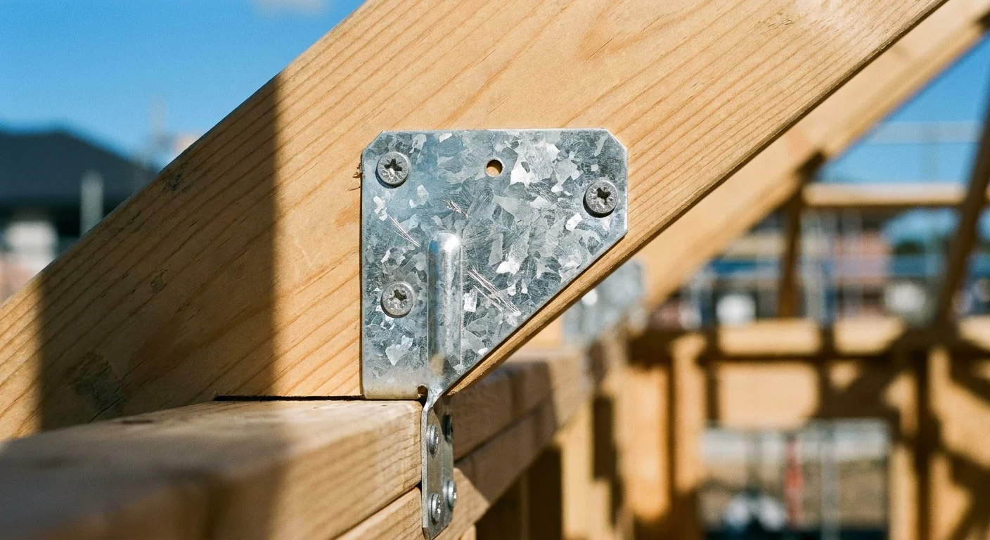 Macro photograph of a galvanized steel hurricane strap securing a wooden roof beam, symbolizing modern building reforms.