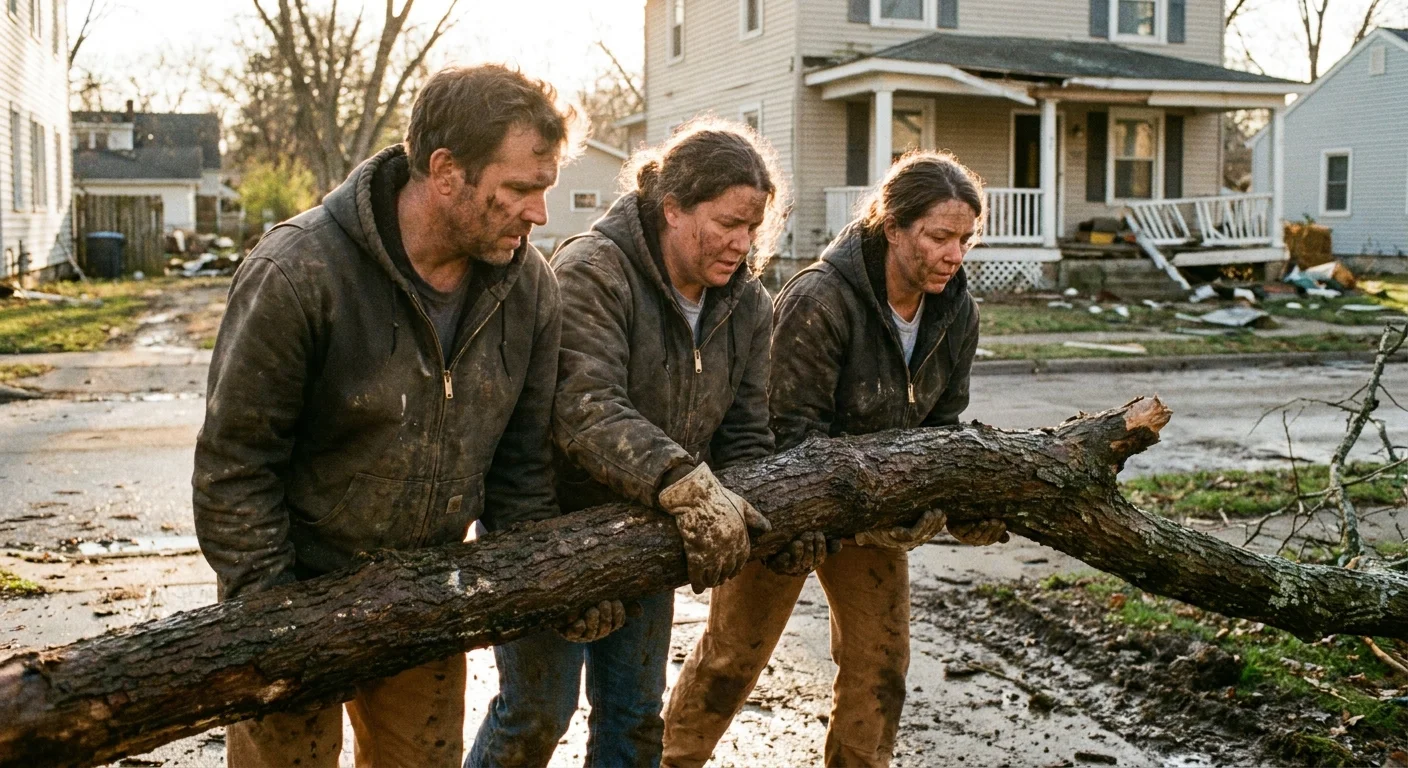 Neighbors in casual clothes working together to clear a large fallen tree branch from a driveway after a storm.