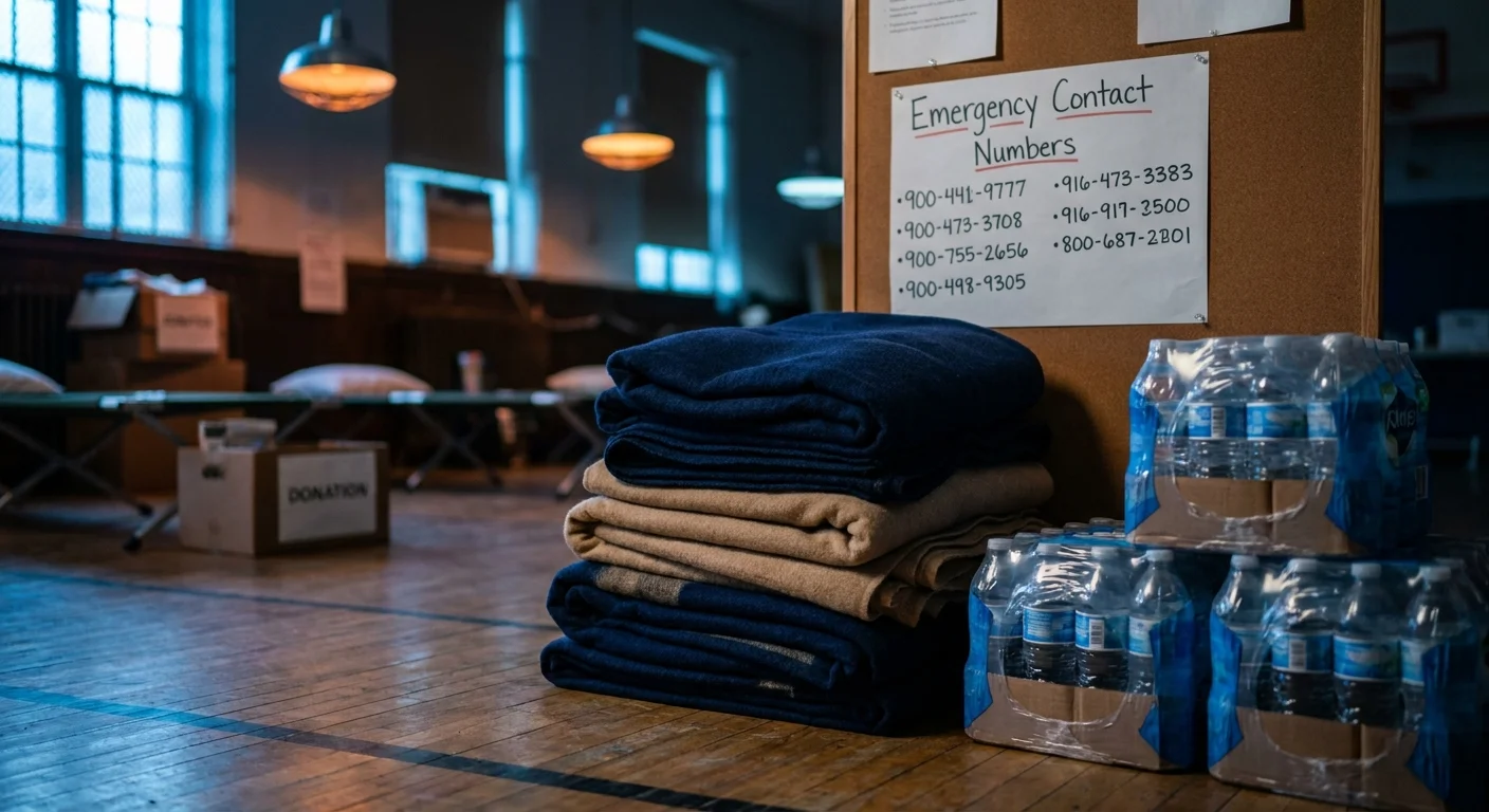 Stacks of blankets and water cases in a gymnasium emergency shelter, shot in a documentary style.