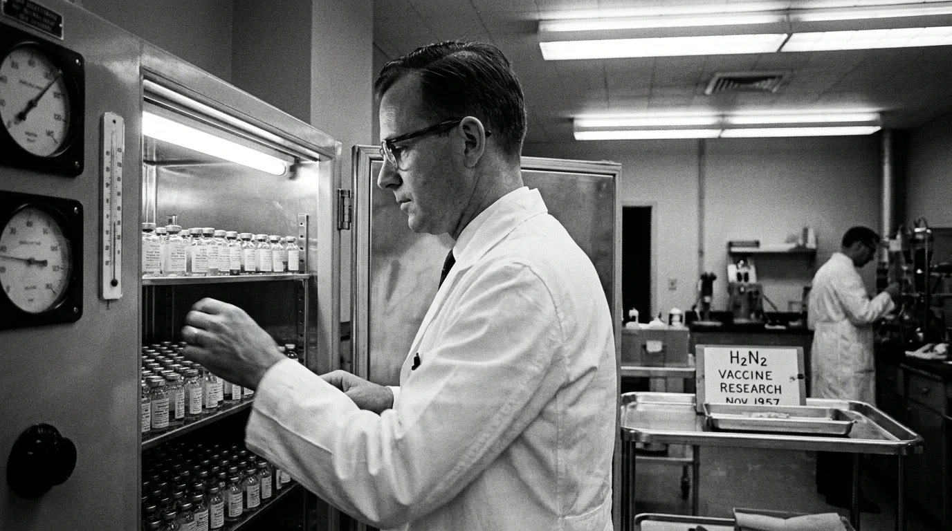 A 1950s black and white photo of a scientist in a lab working on H2N2 vaccine research.