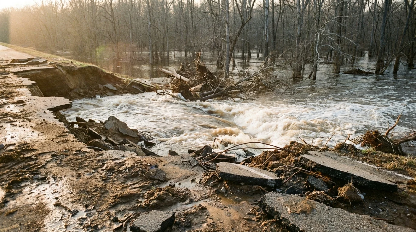 A 35mm film photo of a breached concrete dam with brown water rushing through the gap and debris in the foreground.