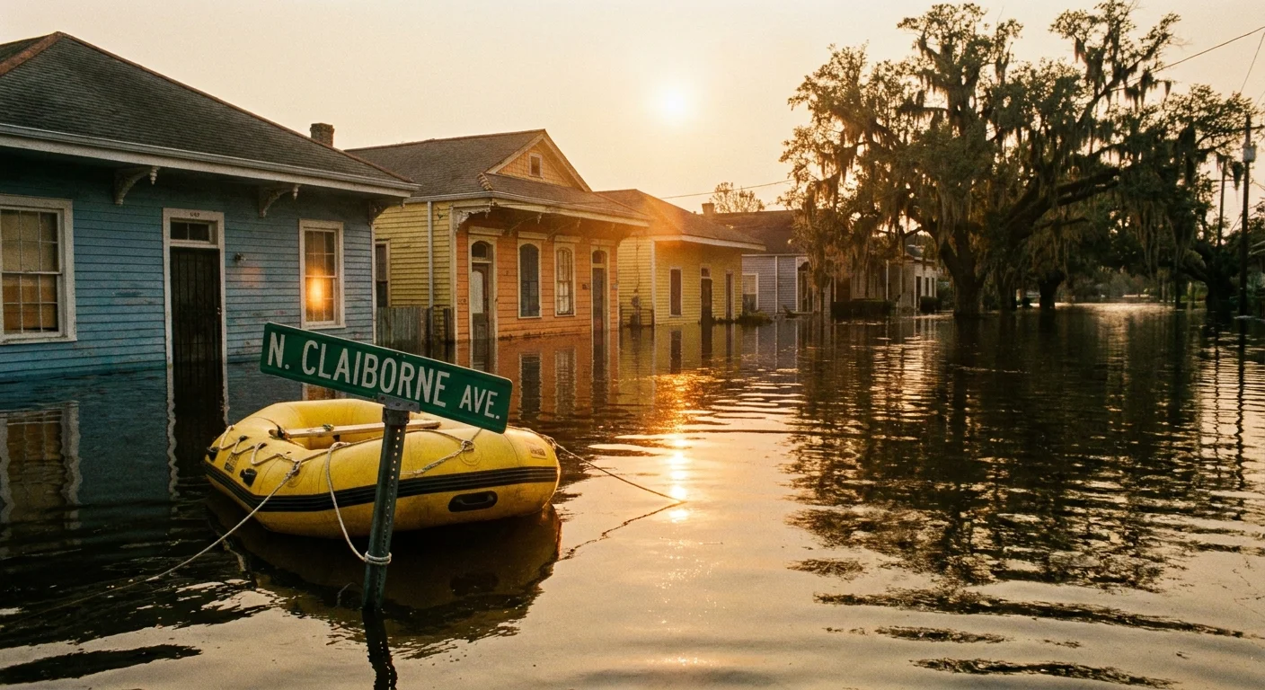 A 35mm film photo of a flooded New Orleans street with houses submerged to their rooflines and a yellow rescue boat.