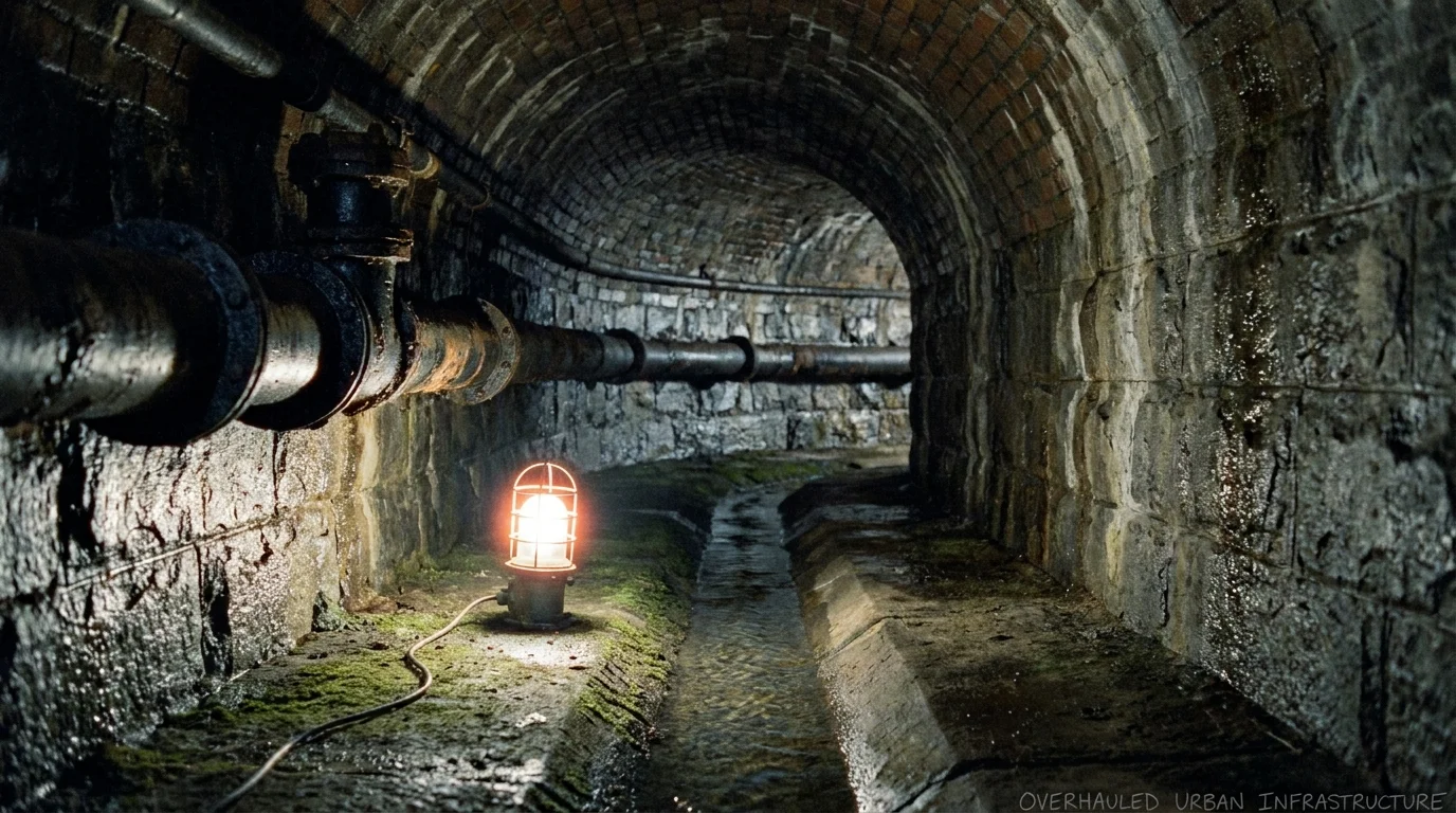 A 35mm film photo of the interior of a massive, historic stone and iron urban sewer system.