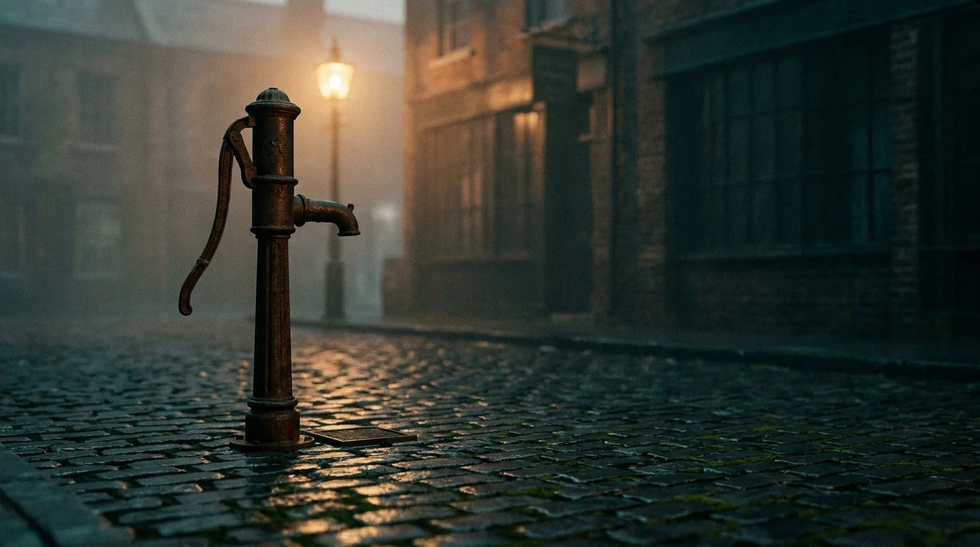 A 35mm film photograph of a lone Victorian water pump on a foggy, wet London street at night.