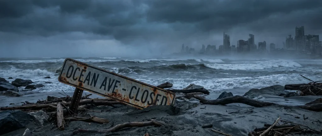 A battered street sign stands in storm debris against a dark, churning ocean and a misty, ruined city skyline under a stormy sky.