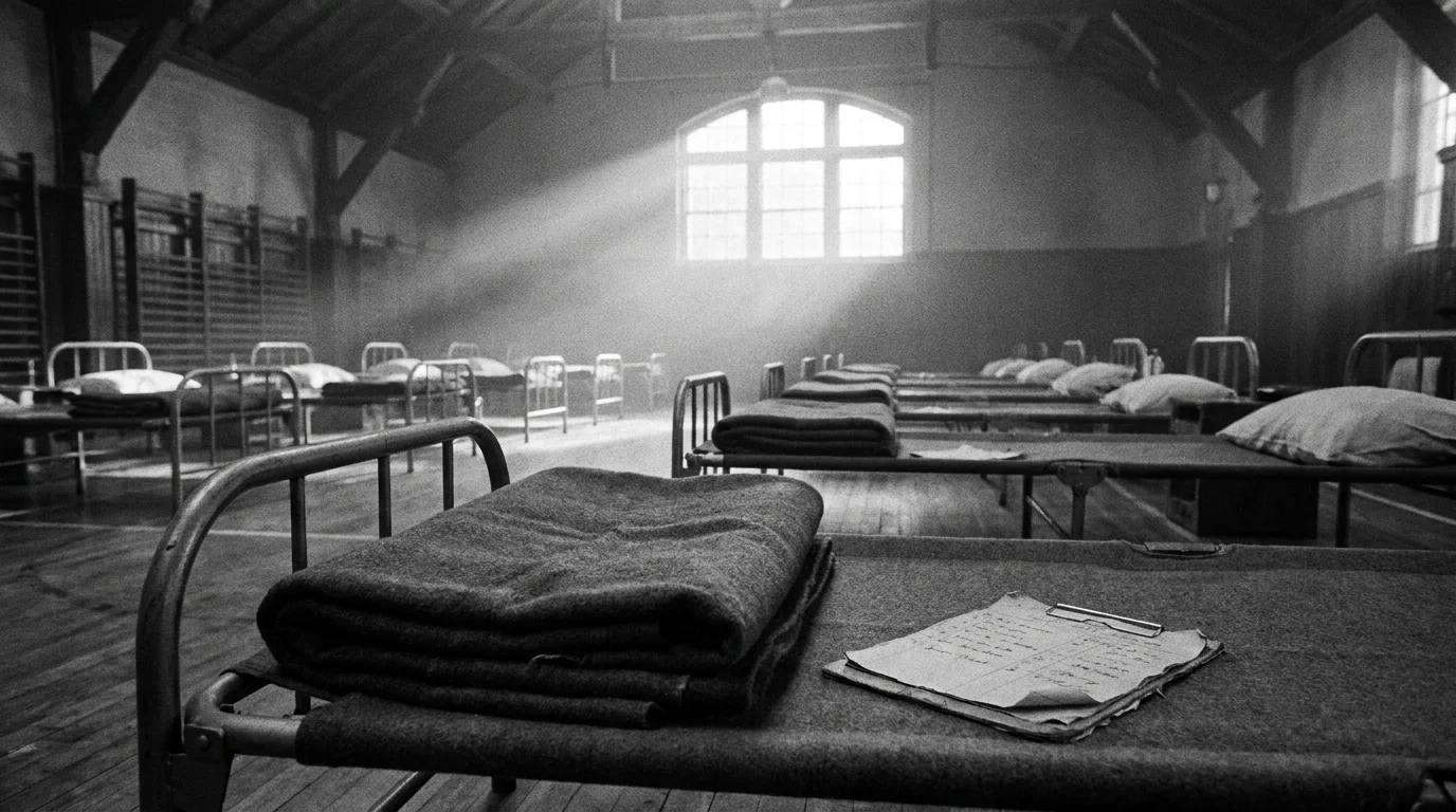A black and white 35mm film photo of a gymnasium converted into a hospital ward with rows of empty cots.