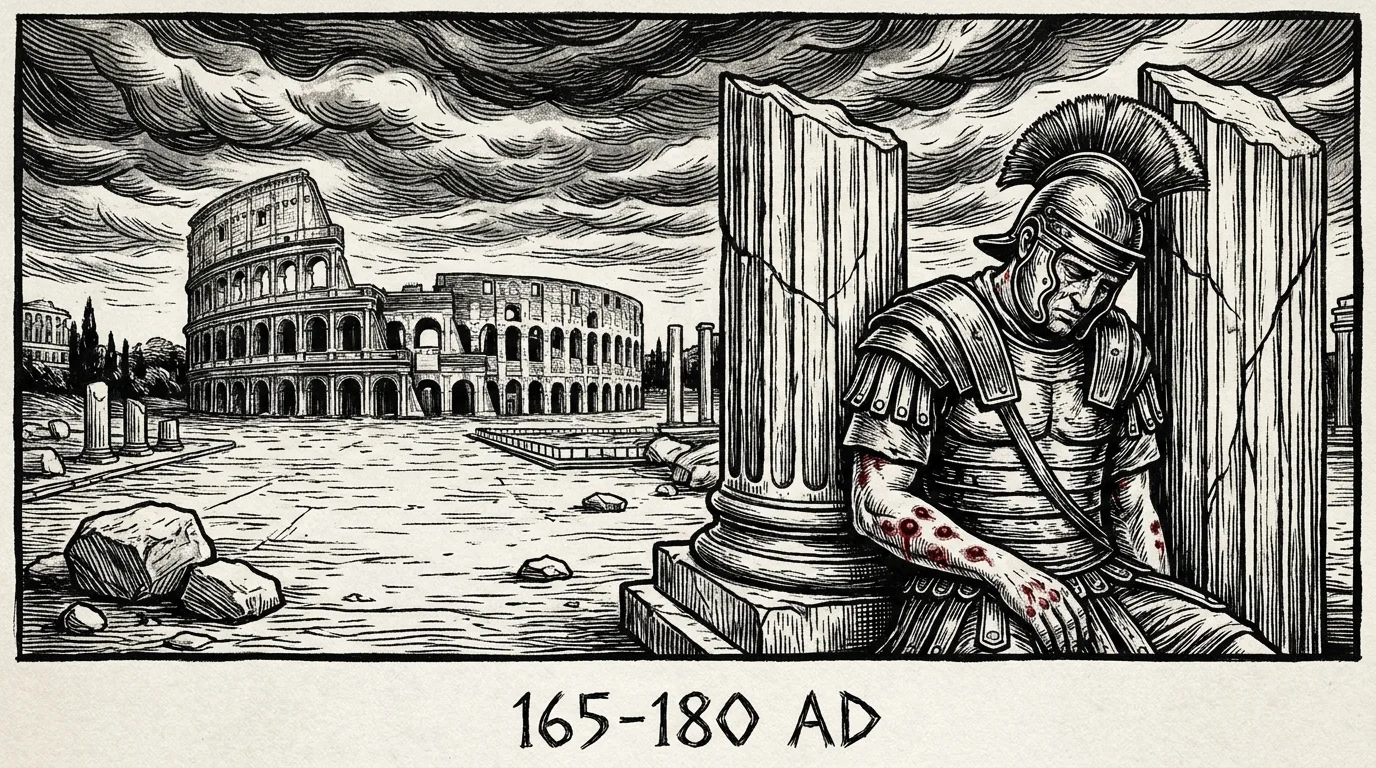 A black and white woodcut illustration of a Roman soldier suffering from the Antonine Plague in a deserted city.