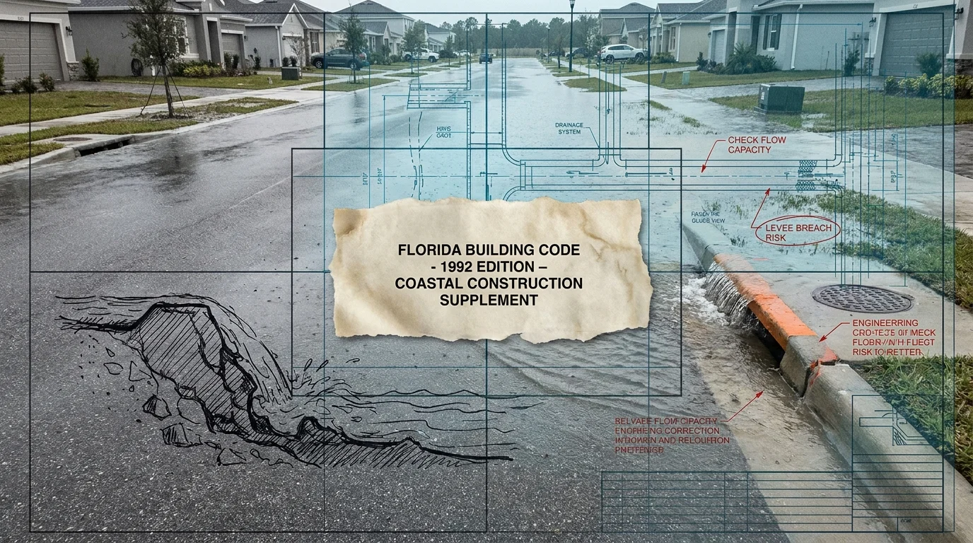 A blend of flood photography and engineering blueprints, symbolizing the clash between nature and infrastructure.