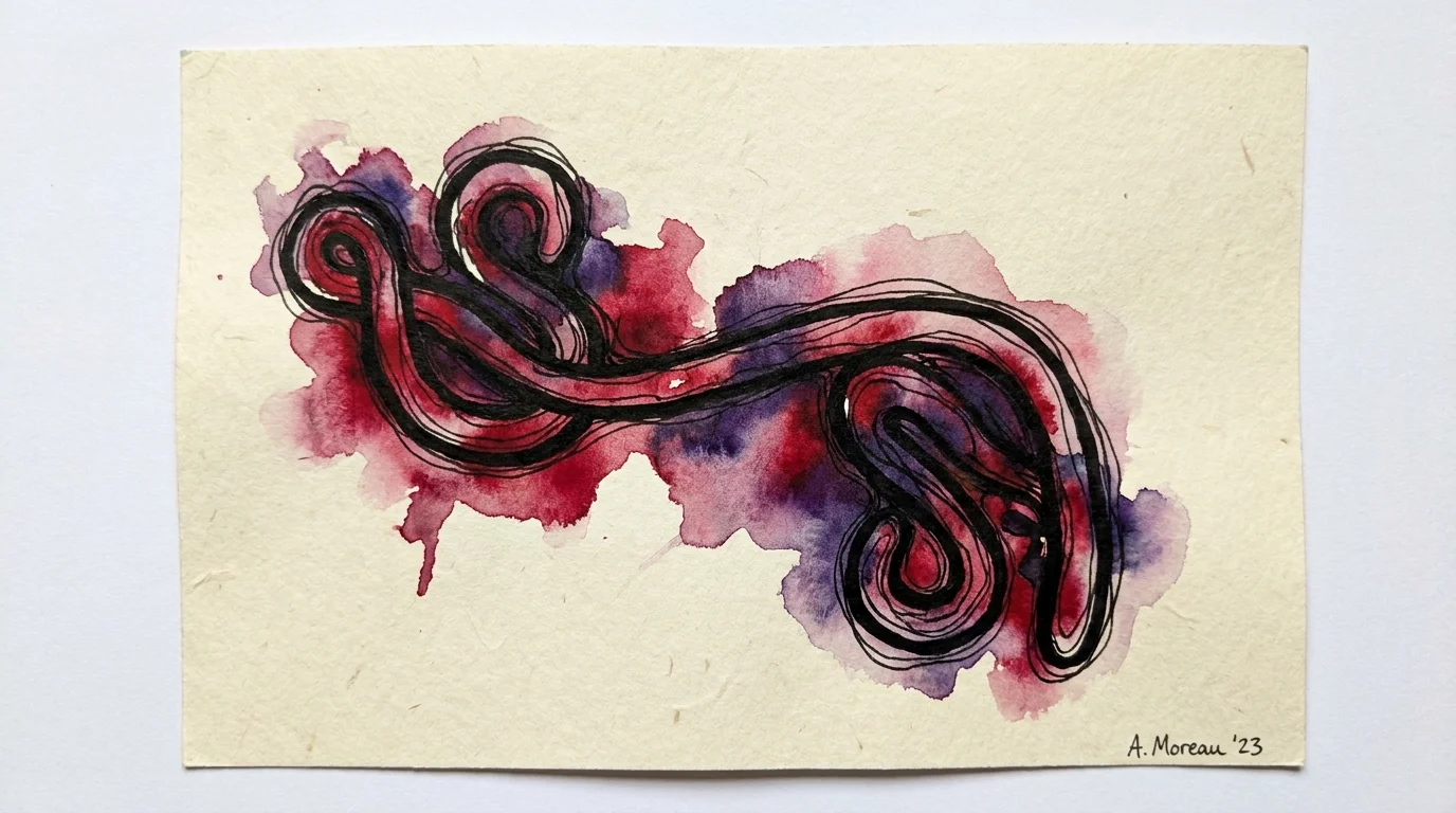A bold watercolor painting of the Ebola virus in its characteristic shepherd's crook shape with deep red and purple washes.