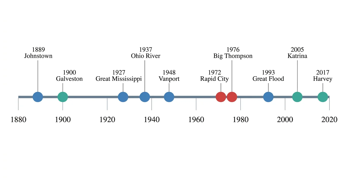 A chronological timeline from 1889 to 2017 marking the ten definitive American floods mentioned in the article.