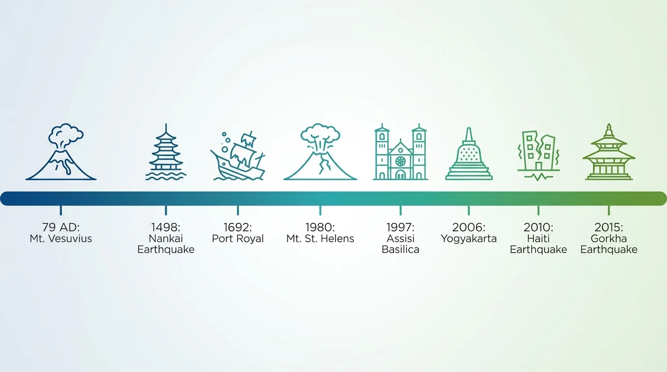 A chronological timeline from 79 AD to 2015 showing the eight natural disasters that changed world landmarks.