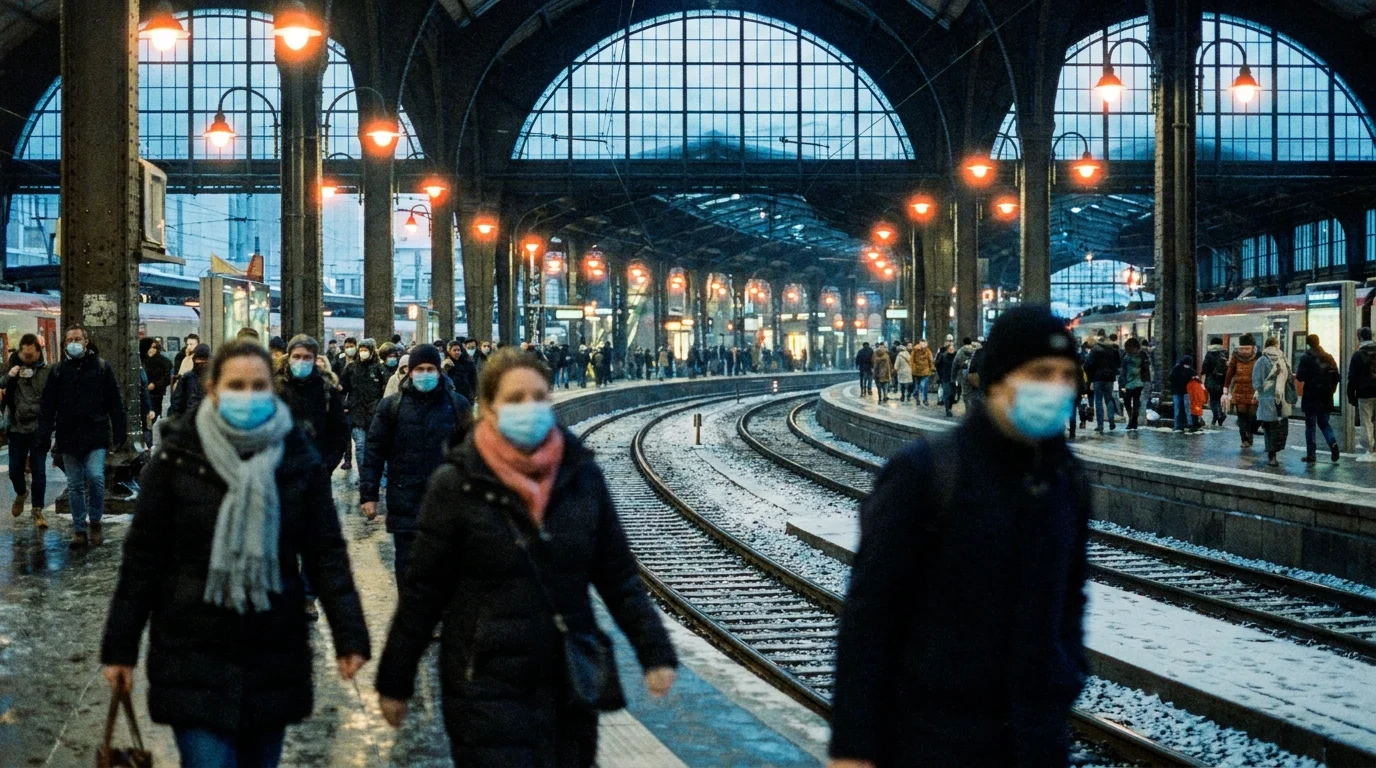 A cinematic, slightly blurred photo of a crowded train station in winter, with several people wearing protective masks.
