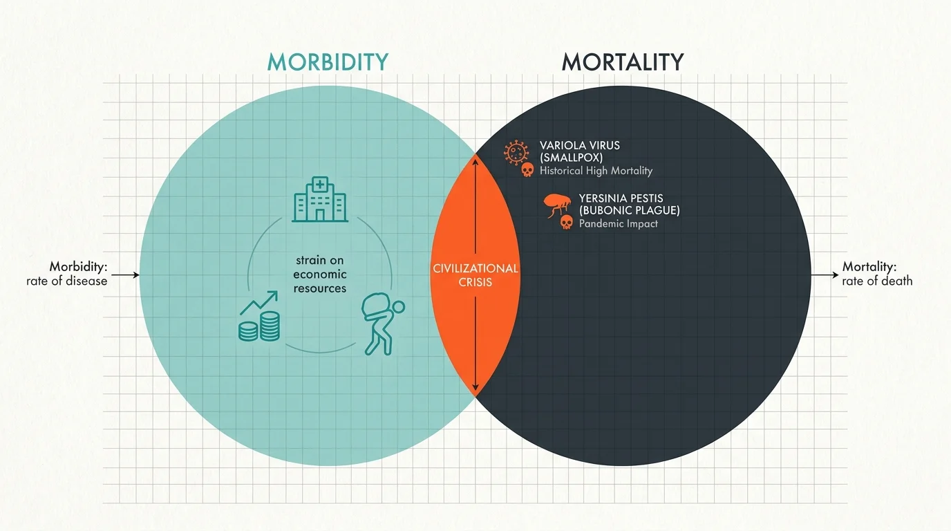 A clean data diagram illustrating the intersection of morbidity and mortality rates, identifying the zone of civilizational crisis.