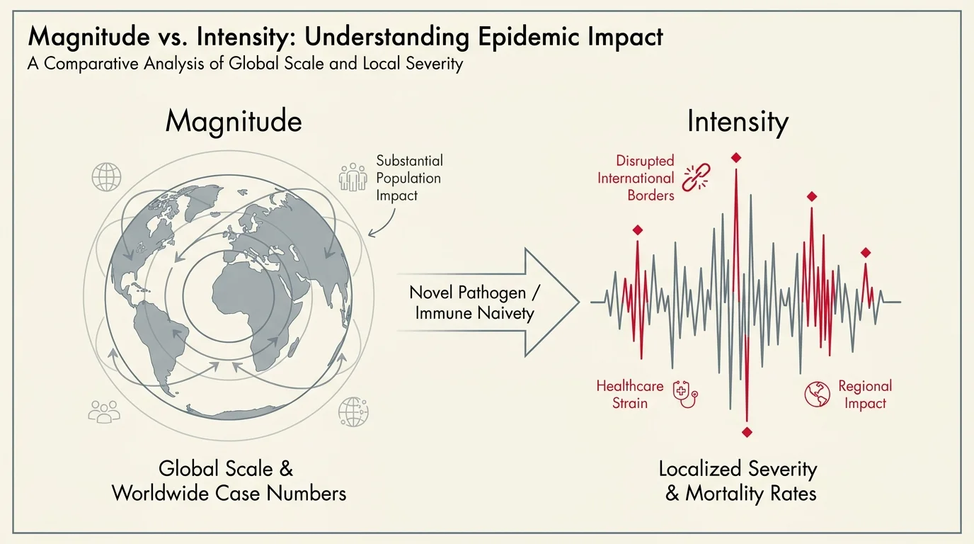 A clean data visualization comparing Magnitude (global scale) vs. Intensity (local severity) in pandemic analysis.