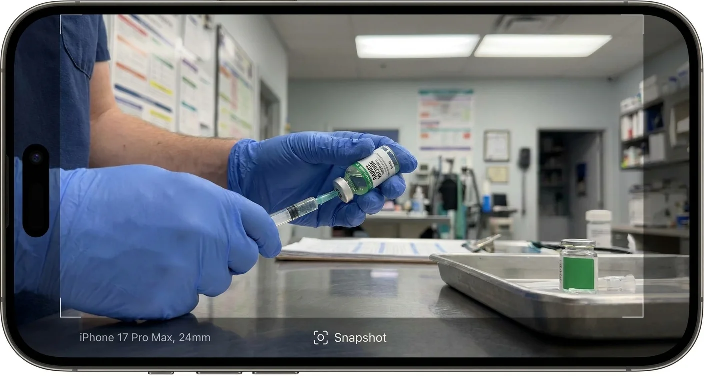 A close-up, high-angle photo of a veterinarian's gloved hands preparing a rabies vaccine in a clean, modern clinic.