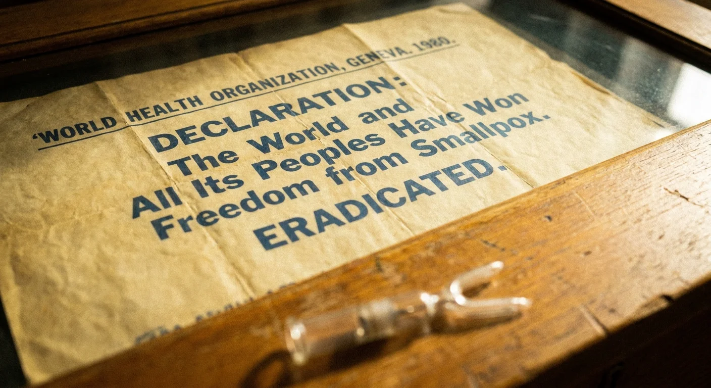 A close-up of a historical 1980 document declaring the global eradication of smallpox, with a vintage vaccination needle in the foreground.