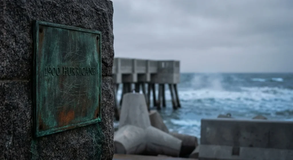 A close-up of a historical bronze plaque about the 1900 Galveston Hurricane on a stone seawall, with modern coastal defenses in the backgrou