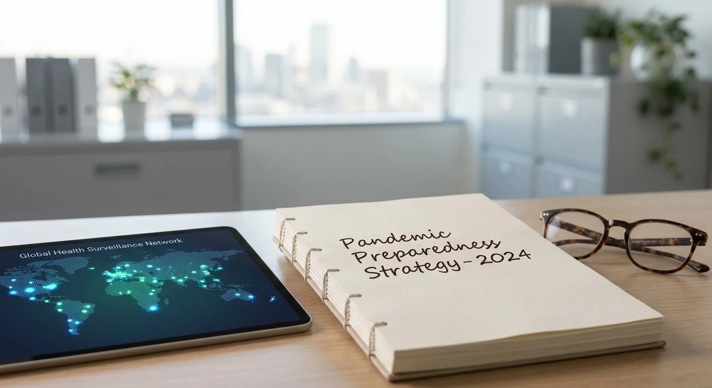 A close-up of a researcher's notebook with the words 'Pandemic Preparedness Strategy' written on the page.
