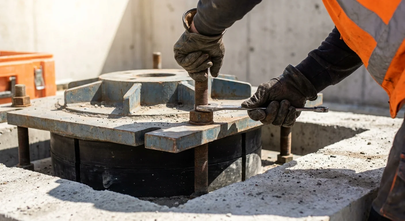 A close-up of a worker's hands installing a seismic damper into a building foundation, representing engineering reforms.