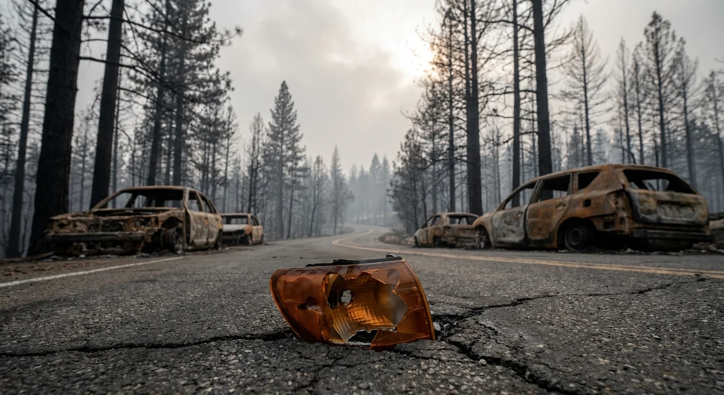 A close-up photo of a melted car taillight on an asphalt road surrounded by charred trees in Paradise.