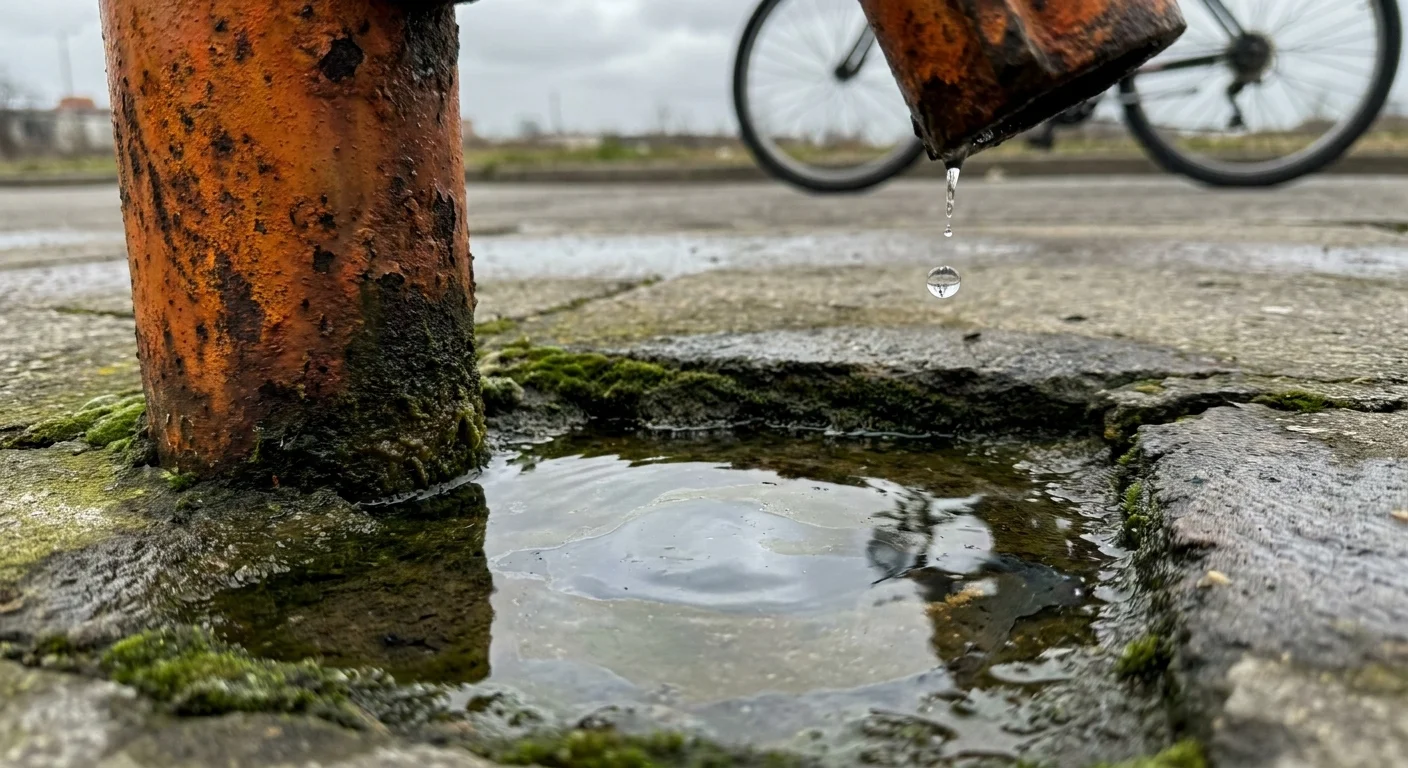 A close-up photo of a rusty water pipe and a stagnant puddle, representing the environmental conditions where cholera and mosquitoes thrive.