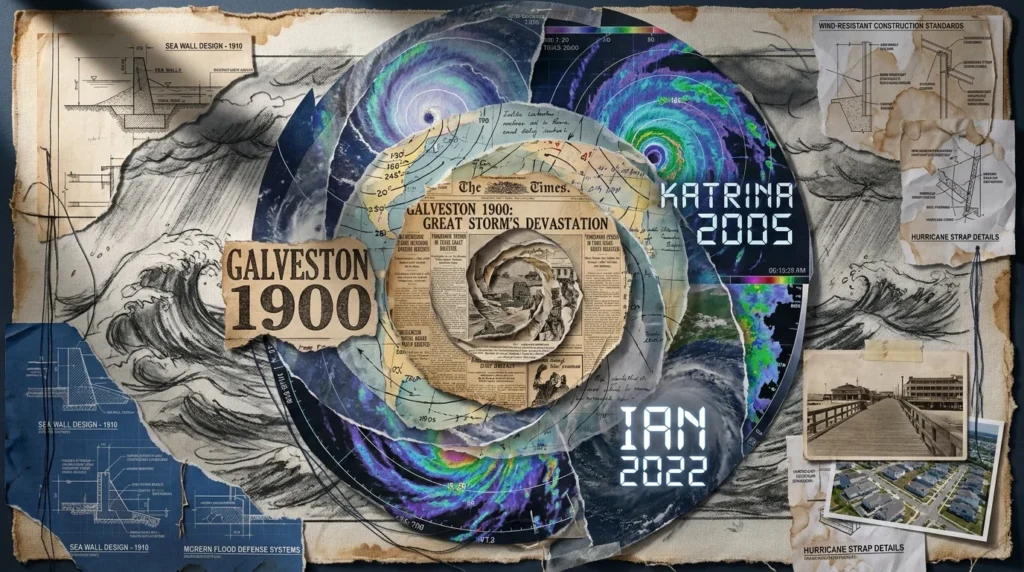 A collage of historical newspaper headlines, weather maps, and architectural blueprints spanning from 1900 to 2022 hurricanes.