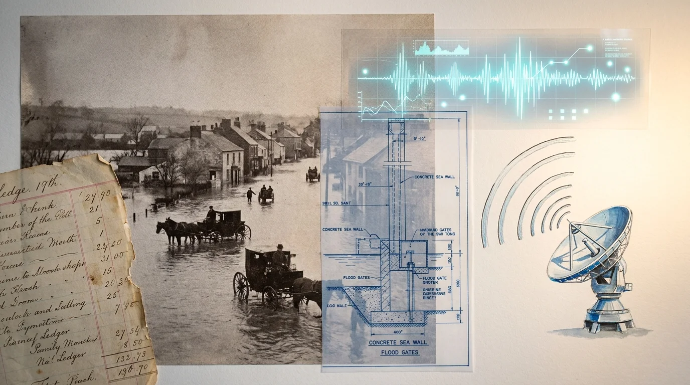 A collage transitioning from a black-and-white flood photo to a blue architectural blueprint for a sea wall.