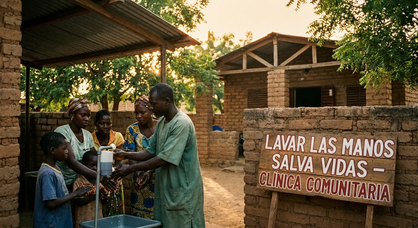 A community health worker in a rural setting teaching a group of people about hygiene and disease prevention.