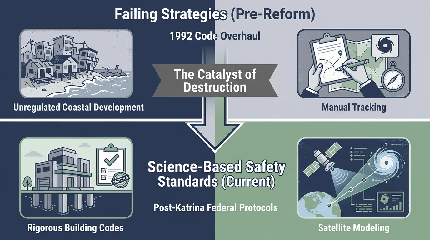 A comparison chart showing how disaster management evolved from unregulated development to science-based safety standards.