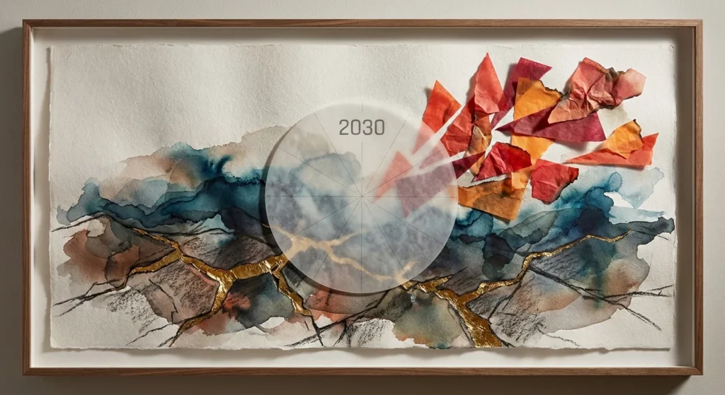 A conceptual abstract collage with charcoal fissures, indigo ink washes, and the year 2030, representing rising natural disaster risks.